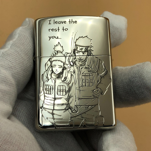 Custom Metal Anime Lighter – Naruto Shikamaru & Asuma Engraved Zorro Windproof Lighter