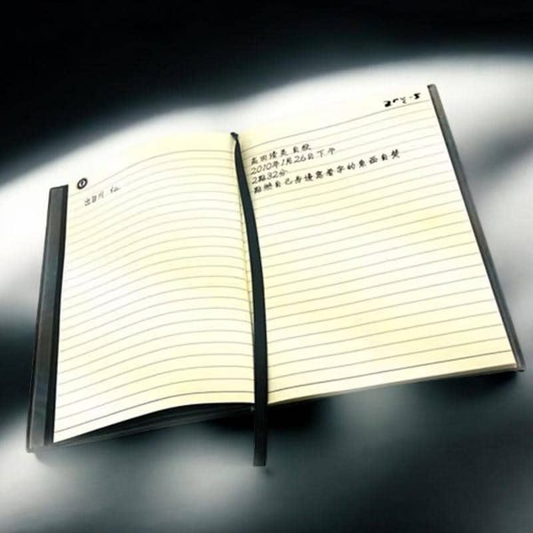 Open Death Note notebook displaying lined pages with anime-style writing, perfect for anime fans and collectors