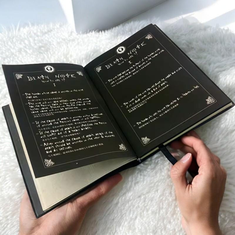 Open Death Note notebook with iconic rules pages, perfect for anime fans and collectors.