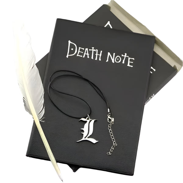 Death Note notebook set with feather pen and 'L' necklace - anime collectible gift