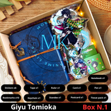 Demon Slayer Giyu Tomioka Gift Box N.1 with anime collectibles including notebook, stickers, keychain, standee, and more. Perfect for fans and collectors