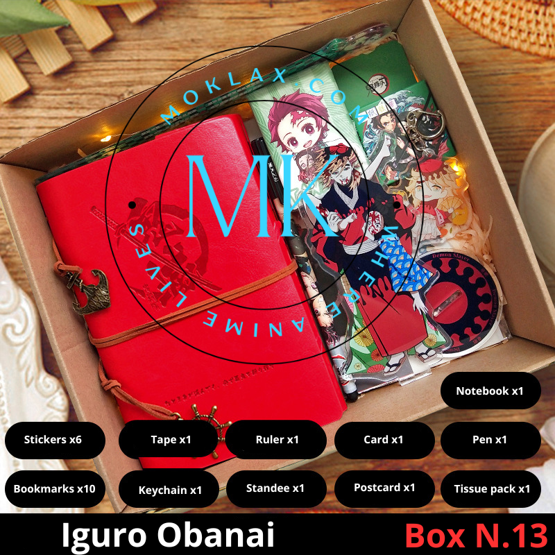 Demon Slayer Iguro Obanai Gift Box N.13 with anime collectibles including notebook, stickers, keychain, standee, and more. Perfect gift for anime fans and collectors