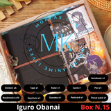 Demon Slayer Iguro Obanai Gift Box N.15 with anime collectibles including notebook, stickers, keychain, standee, and more. Ideal for anime fans and collectors