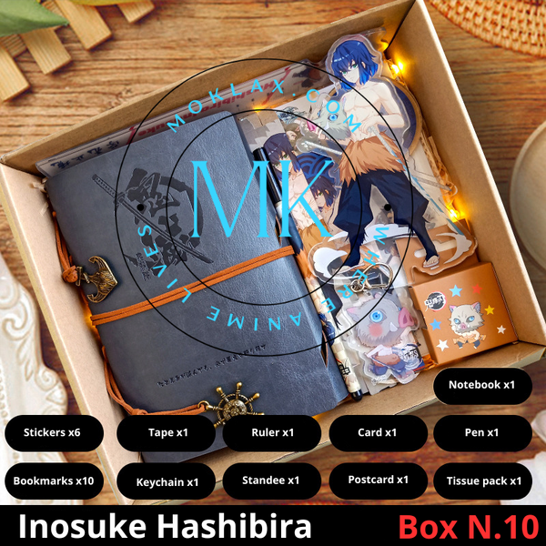 Demon Slayer Inosuke Hashibira Gift Box N.10 with anime collectibles including notebook, stickers, keychain, standee, and more. Perfect for fans and collectors