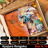 Demon Slayer Kyojuro Rengoku Gift Box N.14 with anime collectibles including notebook, stickers, keychain, standee, and more. Ideal for fans and collectors