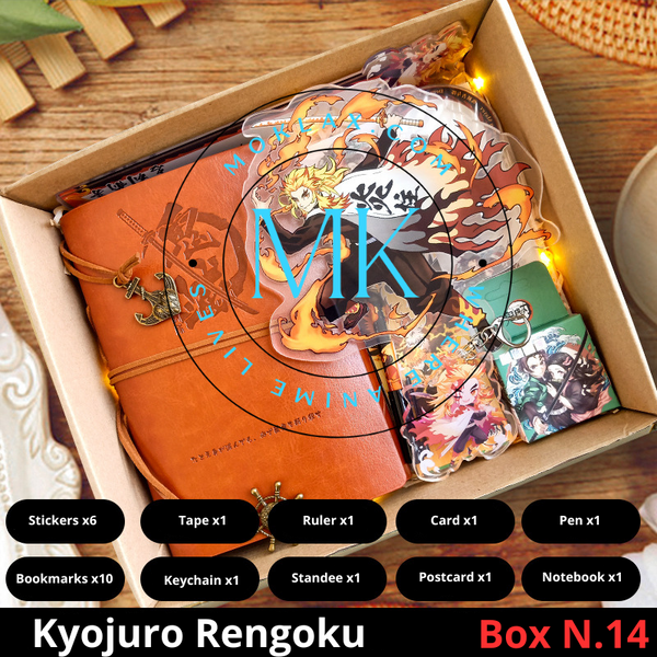 Demon Slayer Kyojuro Rengoku Gift Box N.14 with anime collectibles including notebook, stickers, keychain, standee, and more. Ideal for fans and collectors