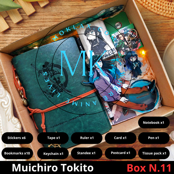 Demon Slayer Muichiro Tokito Gift Box N.11 with anime collectibles including notebook, stickers, keychain, standee, and more. Ideal for fans and collectors