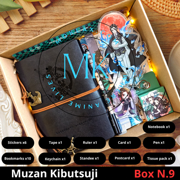 Demon Slayer Muzan Kibutsuji Gift Box N.9 with anime collectibles including notebook, stickers, keychain, standee, and more. Ideal for fans and collectors