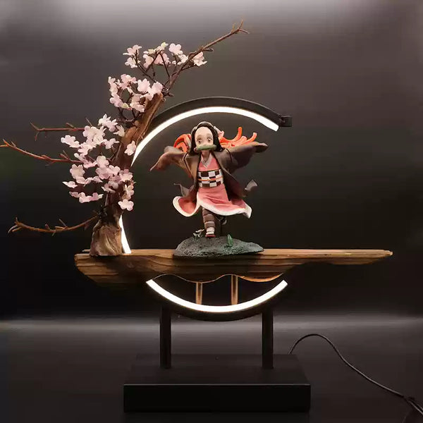 Demon Slayer Nezuko Kamado figure in LED circular display with sakura tree and wooden base, perfect for anime collectors and fans