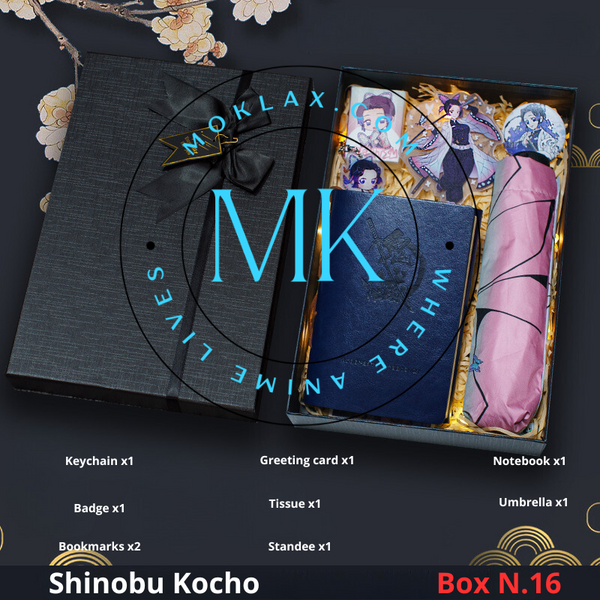 Demon Slayer Shinobu Kocho Gift Box N.16 with anime collectibles including notebook, umbrella, keychain, greeting card, and more. Ideal for anime fans and collectors