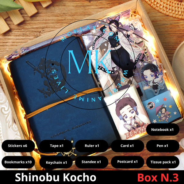 Demon Slayer Shinobu Kocho Gift Box N.3 with anime collectibles including notebook, stickers, keychain, standee, and more. Perfect for fans and collectors.