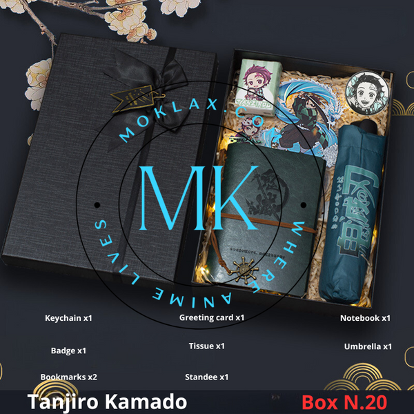 Demon Slayer Tanjiro Kamado Gift Box N.20 with anime collectibles including notebook, umbrella, keychain, greeting card, and more. Perfect for anime fans and collectors