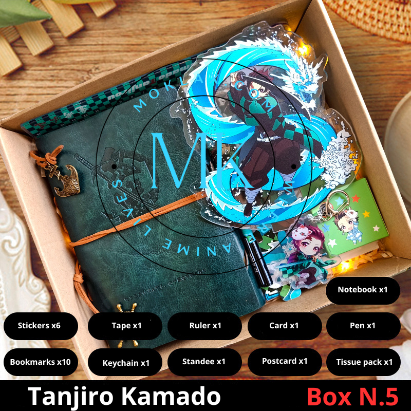 Demon Slayer Tanjiro Kamado Gift Box N.5 with anime collectibles including notebook, stickers, keychain, standee, and more. Perfect for fans and collectors.