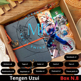 Demon Slayer Tengen Uzui Gift Box N.8 with anime collectibles including notebook, stickers, keychain, standee, and more. Perfect for fans and collectors