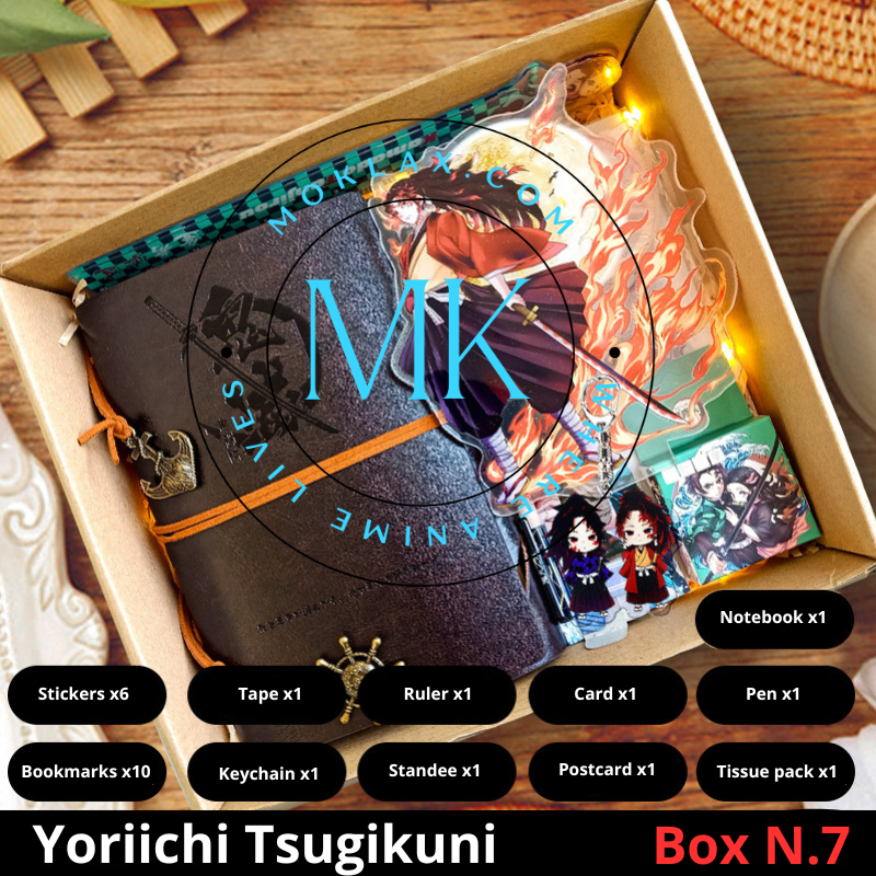 Demon Slayer Yoriichi Tsugikuni Gift Box N.7 with anime collectibles including notebook, stickers, keychain, standee, and more. Ideal for fans and collectors