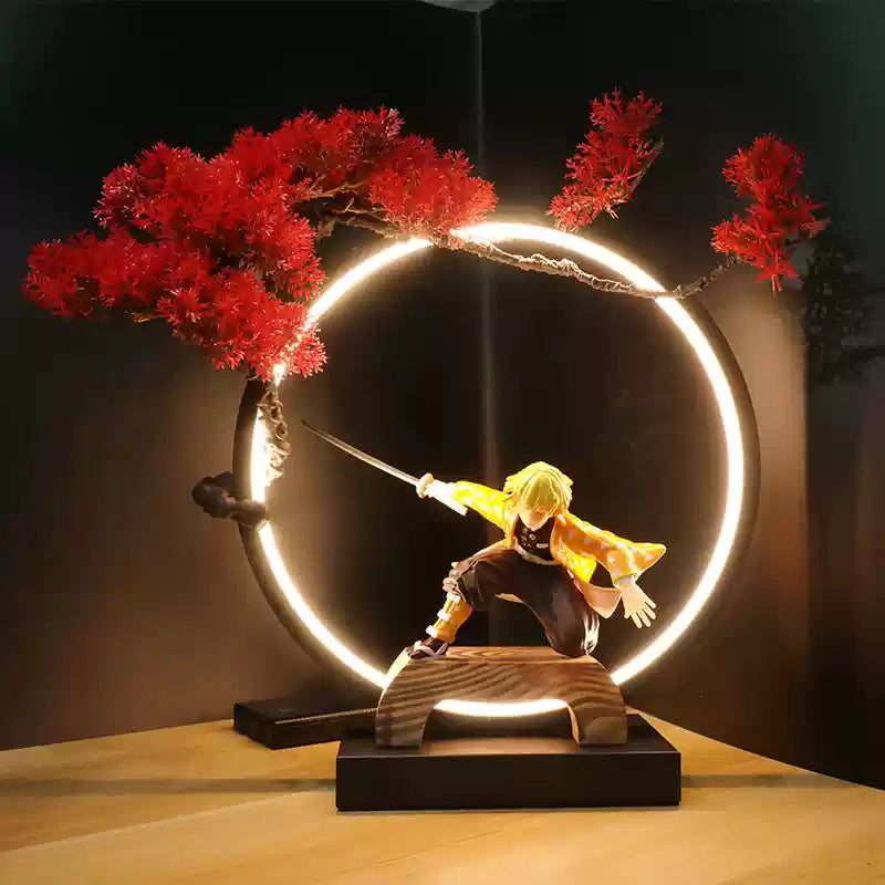 Demon Slayer Zenitsu Agatsuma figure in action pose with LED circular display and red maple tree, perfect for anime enthusiasts and collectors.