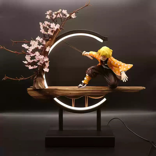 Demon Slayer Zenitsu Agatsuma figure in action pose with LED circular display, sakura tree, and wooden base, ideal for anime collectors