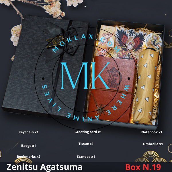 Demon Slayer Zenitsu Agatsuma Gift Box N.19 with anime collectibles including notebook, umbrella, keychain, greeting card, and more. Ideal for anime fans and collectors