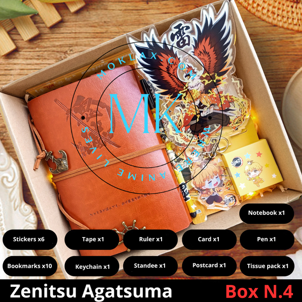 Demon Slayer Zenitsu Agatsuma Gift Box N.4 with anime collectibles including notebook, stickers, keychain, standee, and more. Ideal for fans and collectors.