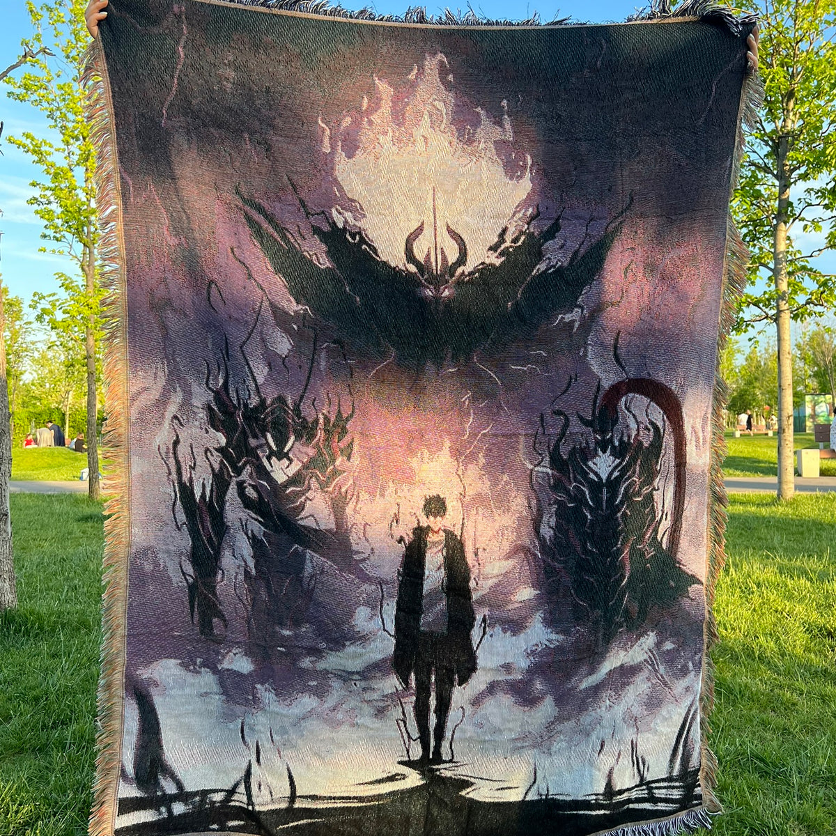 Solo Leveling Woven Blanket – Anime Throw Blanket with Sung Jin-Woo Design – Soft & Durable Anime Decor for Fans