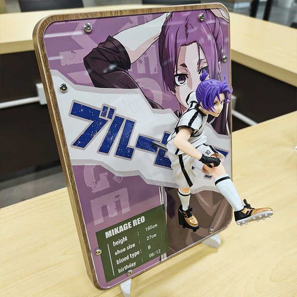 Mikage Reo in an action pose, accompanied by a custom stand with detailed character stats, ideal for any anime-themed collection