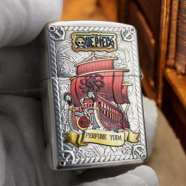 One Piece collectible lighter featuring the Perfume Yuda ship, detailed custom design with vibrant artwork, perfect for fans and collectors of the anime series.