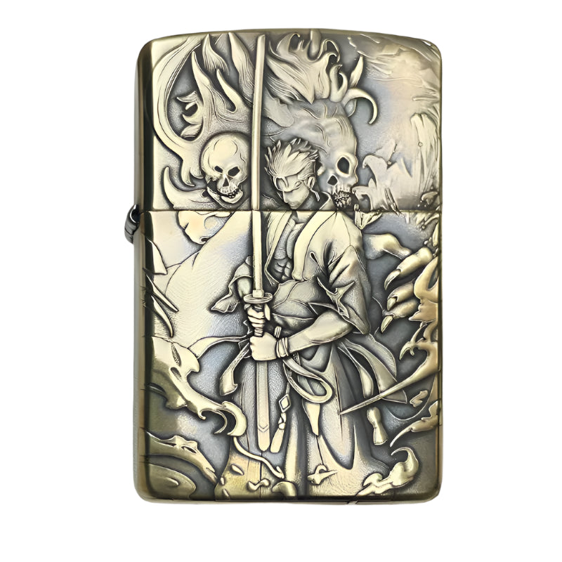 Front view of Zippo lighter with 3D relief design featuring Roronoa Zoro from One Piece, highlighting the intricate craftsmanship and bold character detailing.