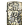 Front view of Zippo lighter with 3D relief design featuring Roronoa Zoro from One Piece, highlighting the intricate craftsmanship and bold character detailing.