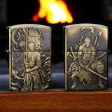 Zippo lighter showcasing 3D relief designs of Roronoa Zoro from One Piece, featuring both the front and back views with intricate detailing and premium craftsmanship.