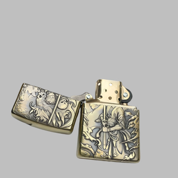 Zippo lighter with 3D relief design of Roronoa Zoro from One Piece, displayed open to showcase its intricate artwork and premium build.