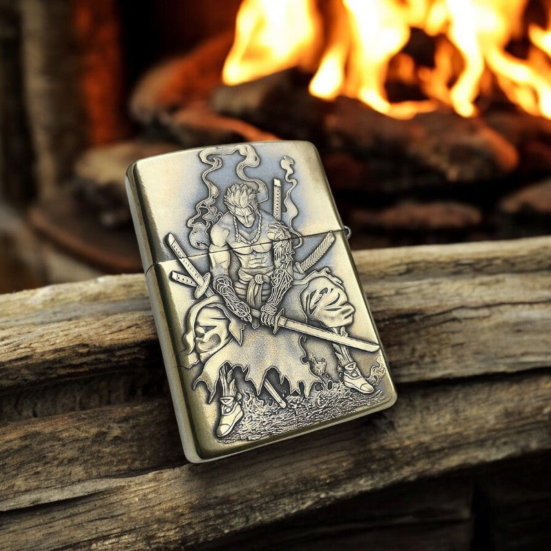 Back side of a Zippo lighter featuring a detailed 3D relief of Roronoa Zoro from One Piece, shown against a rustic background near a fire.