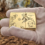 Gold Zippo lighter featuring Nagi Seishiro from Blue Lock with deep engraving on the front, showcasing intricate detailing and high-quality craftsmanship.