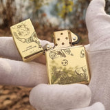 Gold Zippo lighter with deep engraving featuring Nagi Seishiro from Blue Lock, displayed open to showcase intricate artwork on both the lid and body.