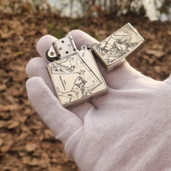 Zorro lighter with deep engraving featuring Nagi Seishiro from Blue Lock, displayed fully open to reveal intricate artwork on both the lid and body.