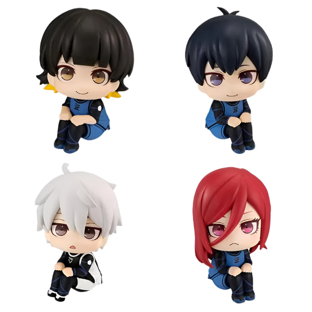 Set of 4 Blue Lock chibi figures, 10 cm each, featuring popular characters in sitting poses, perfect for anime collectors, comes with themed gift box.