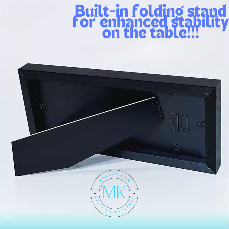 Back view of Blue Lock display frame with built-in folding stand for enhanced stability on tables and shelves