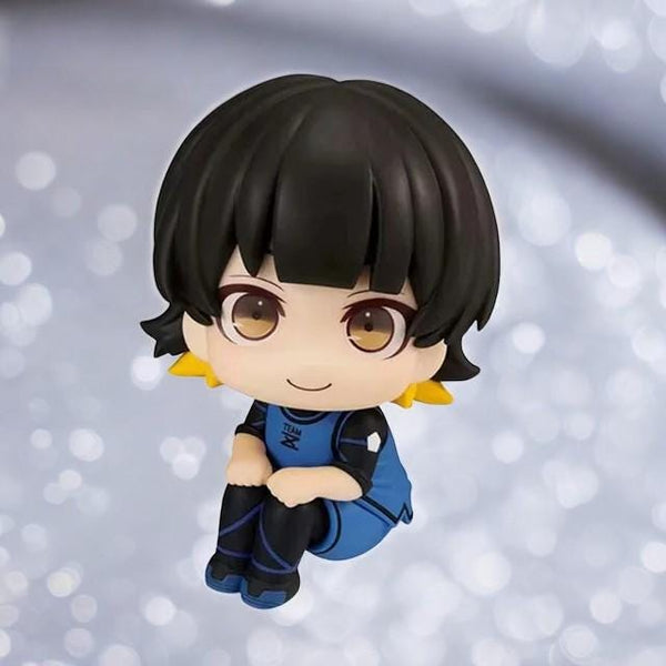 Meguru Bachira chibi figure from Blue Lock, 10 cm tall, featuring a cute sitting pose with detailed black hair and yellow accents, perfect for anime collectors and fans.