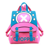 Anime-inspired Chopper backpack in vibrant pink and blue, perfect for fans, with adjustable straps and a cute Chopper design, ideal for outdoor adventures.