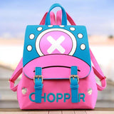 Cute anime-inspired Chopper backpack in pink and blue, featuring a playful Chopper design and durable adjustable straps for One Piece fans.