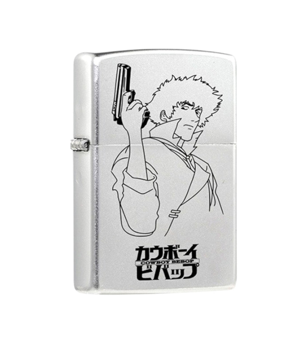 Front view of the Cowboy Bebop Zippo lighter featuring laser-engraved Spike Spiegel design on pure copper material, perfect for anime collectors.