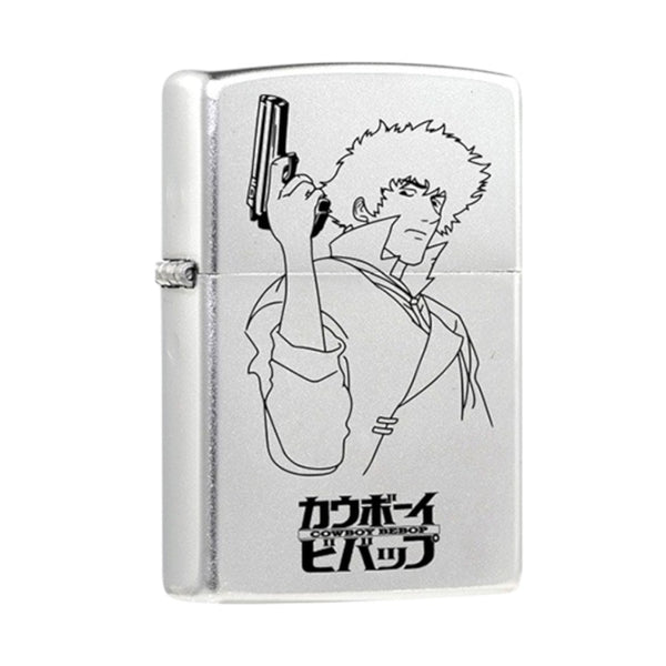 Front view of the Cowboy Bebop Zippo lighter featuring laser-engraved Spike Spiegel design on pure copper material, perfect for anime collectors.