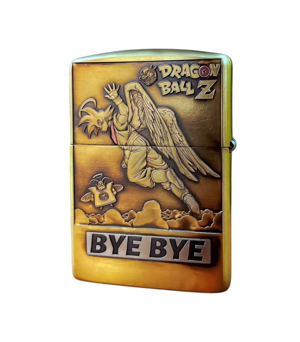 Back view of the Dragon Ball 3D Relief Zippo Lighter featuring Goku with angel wings, iconic "Bye Bye" engraving, and premium collectible design.







