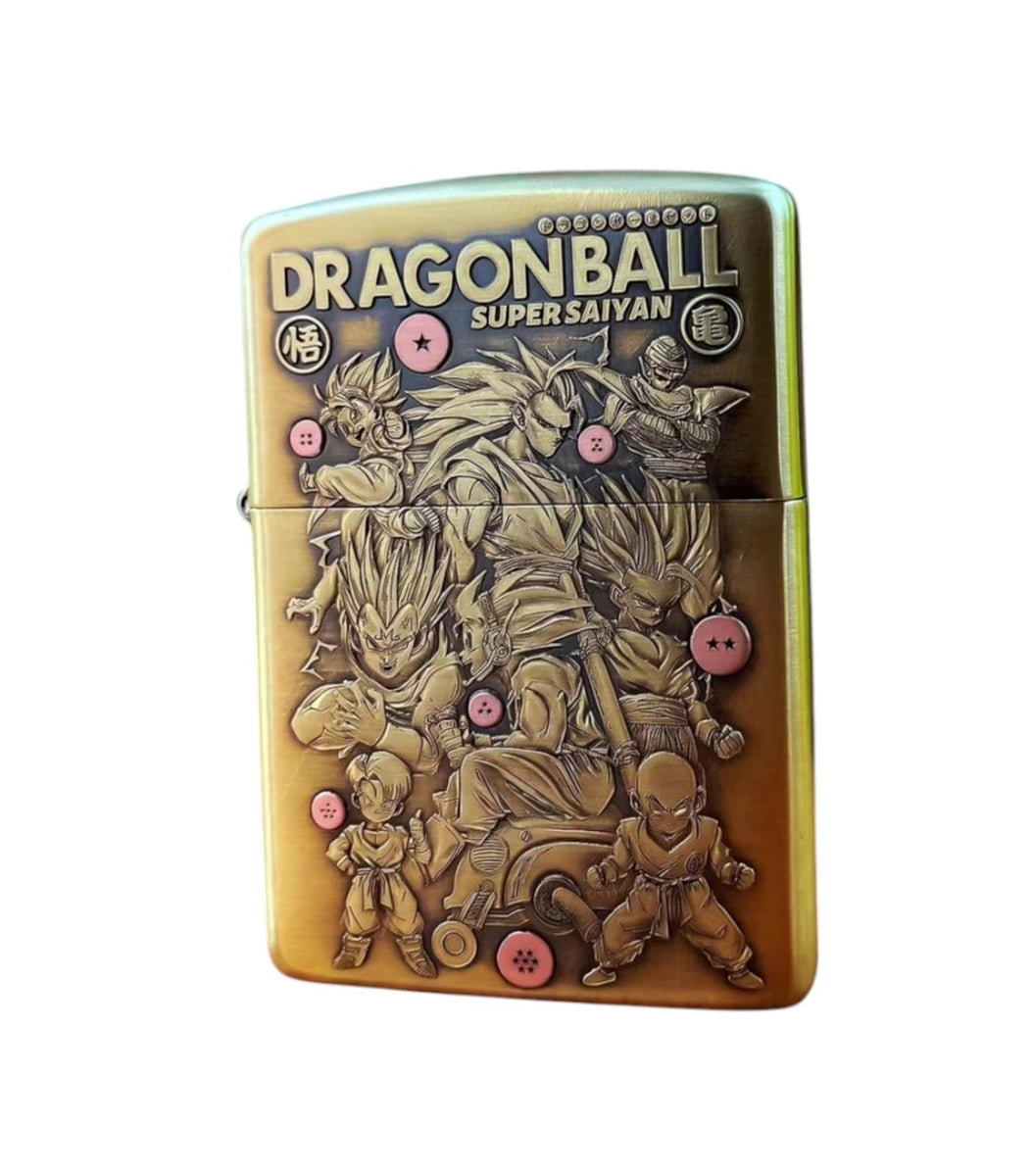 Front view of the Dragon Ball 3D Relief Zippo Lighter showcasing iconic characters in detailed engraved design, ideal for anime collectors.