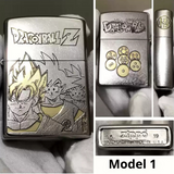 Dragon Ball Z Zippo lighter Model 1 showing all sides: front design with Super Saiyan characters, back with Dragon Balls, side view, and bottom Zippo branding.