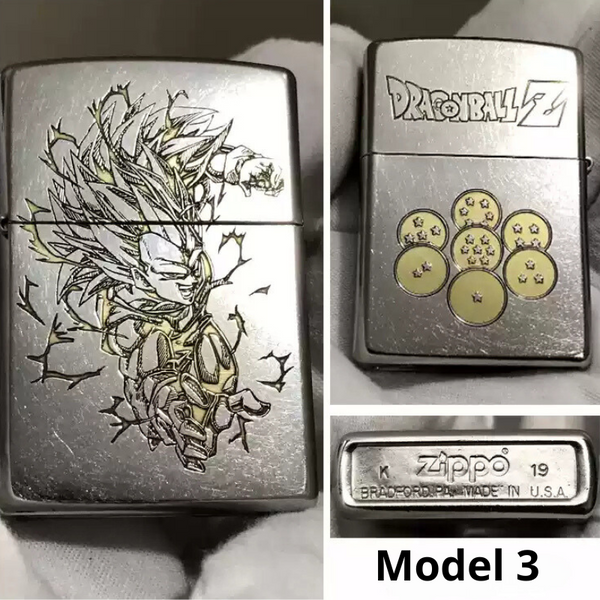 Dragon Ball Z Zippo lighter Model 3 showcasing all sides: front featuring Super Saiyan Vegeta design, back with iconic Dragon Balls, and bottom displaying official Zippo branding.