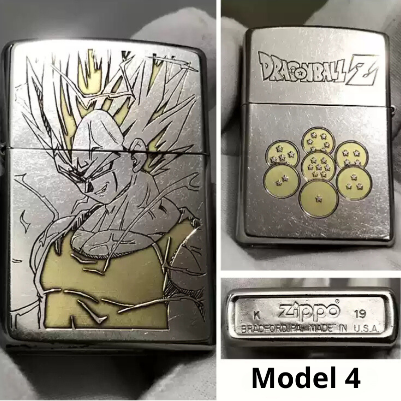 Dragon Ball Z Zippo lighter Model 4 showing all sides: front featuring Super Saiyan Vegeta design with yellow accents, back with iconic Dragon Balls, and bottom displaying official Zippo branding.