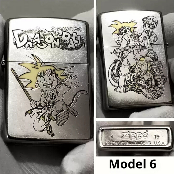 Dragon Ball Z Zippo lighter Model 6 featuring all sides: front with Goku in action, back with Bulma riding a motorcycle, and bottom showcasing official Zippo branding.