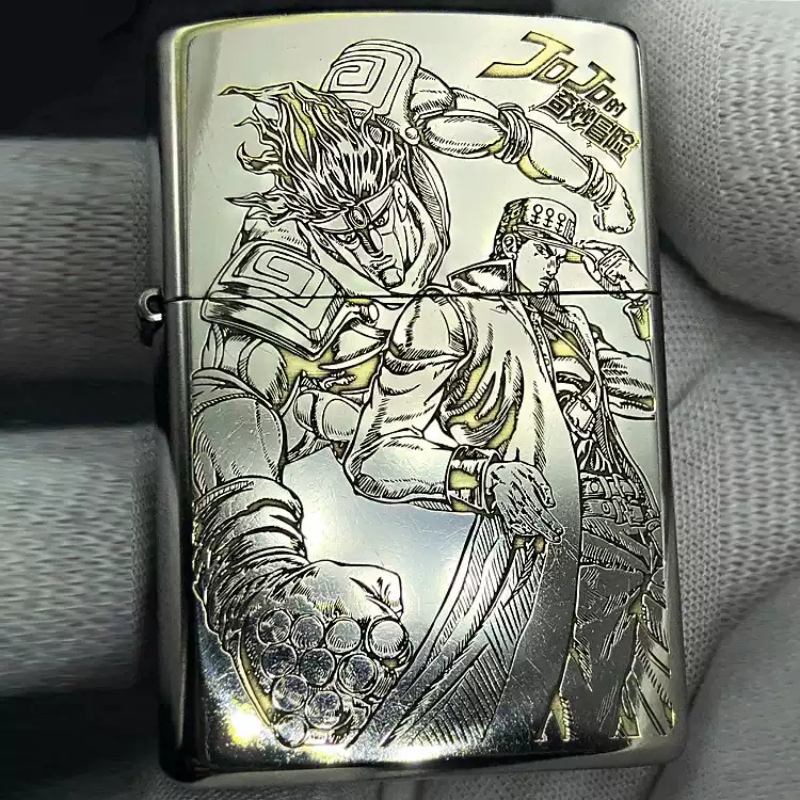 Frontside view of the JoJo's Bizarre Adventure custom lighter showcasing detailed engravings of iconic characters, reflecting premium craftsmanship.