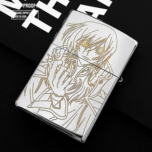 Back view of the Lelouch Lamperouge Code Geass Zippo lighter featuring a gold-engraved full-body image of Lelouch in his iconic commanding pose.