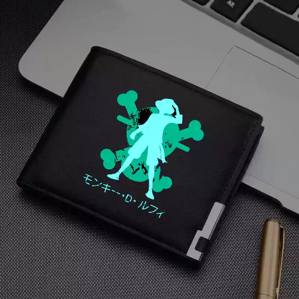 Luffy glowing wallet with the One Piece symbol and "Monkey D. Luffy" written in Japanese. A stylish and functional anime accessory for fans.